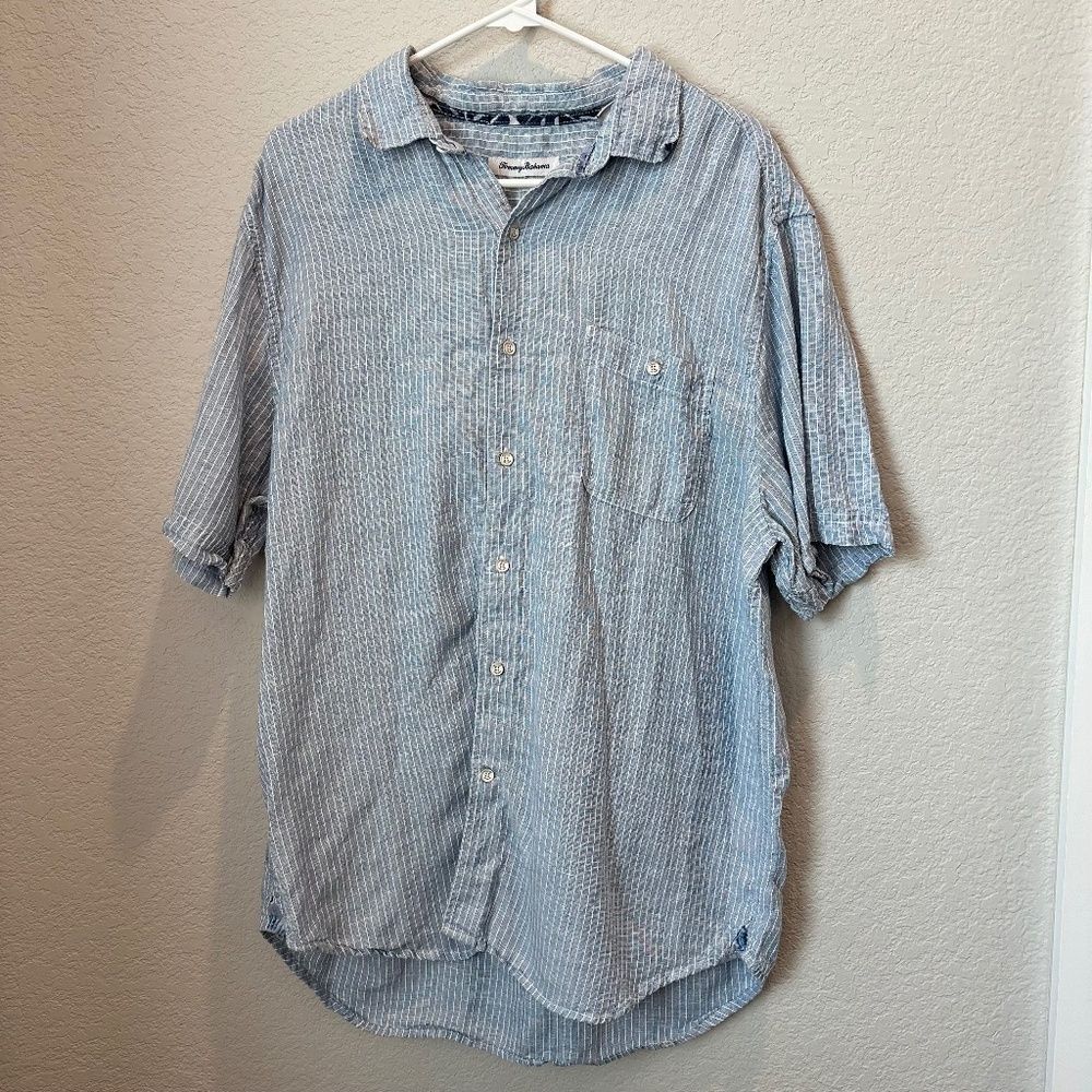 Tommy Bahama Blue White Stripe Linen Blend Short Sleeve Button Front Shirt L EUC